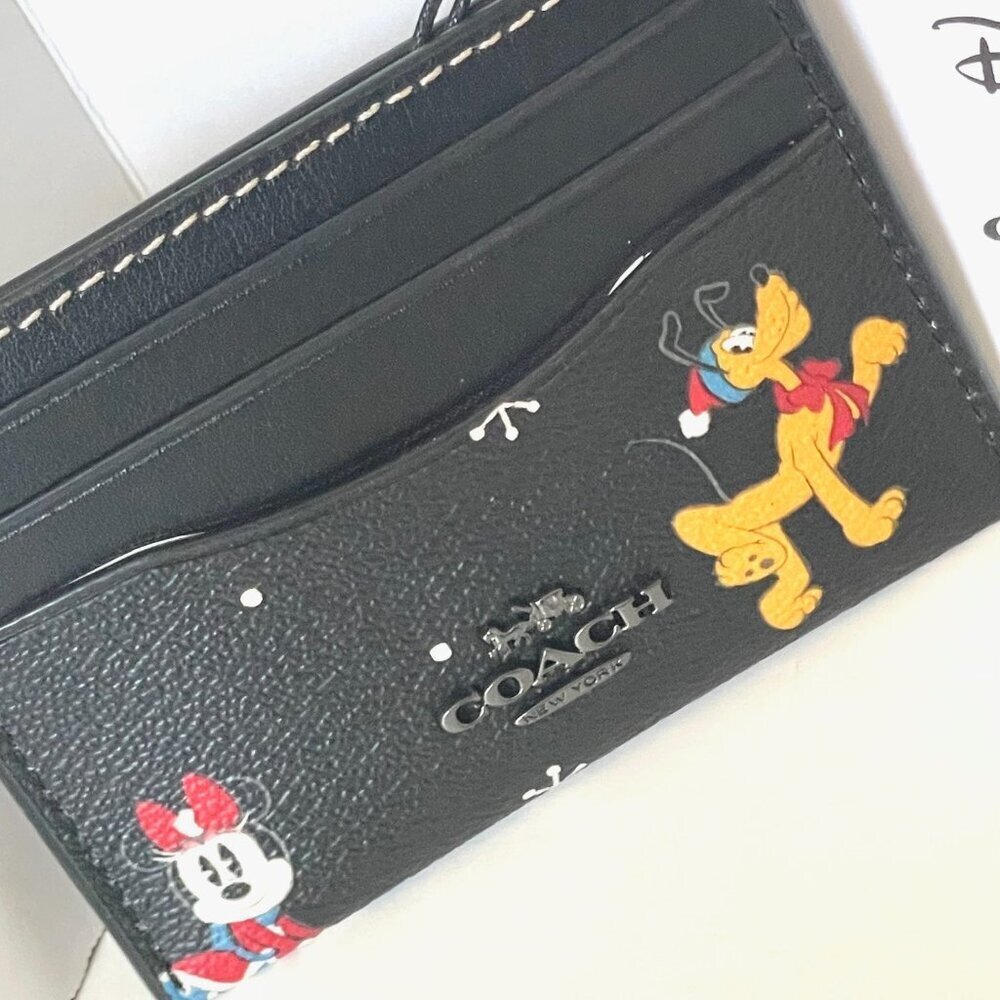 Disney x Coach Slim ID Card Case Holiday CN032 Black Leather Minnie Pluto ORGPKG - Picture 6 of 8